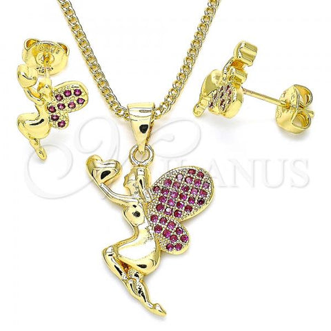 Oro Laminado Earring and Pendant Adult Set, Gold Filled Style Angel and Heart Design, with Ruby Micro Pave, Polished, Golden Finish, 10.156.0264.1