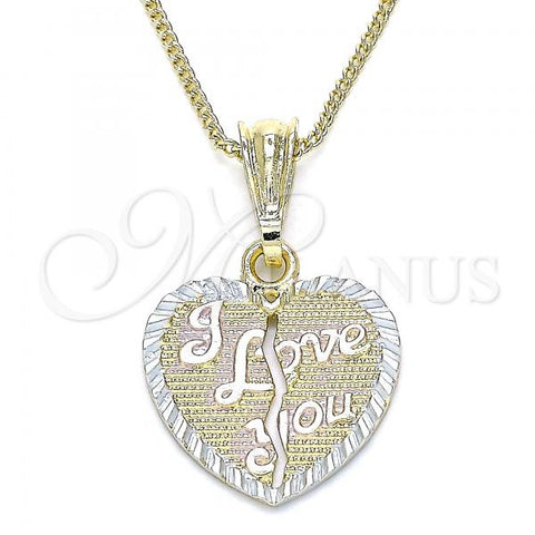 Oro Laminado Pendant Necklace, Gold Filled Style Heart and Love Design, Polished, Tricolor, 04.351.0017.1.20