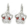 Rhodium Plated Leverback Earring, Flower Design, with Garnet and White Cubic Zirconia, Polished, Rhodium Finish, 02.210.0214.5