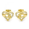 Oro Laminado Stud Earring, Gold Filled Style Heart and Hand Design, with White Micro Pave, Polished, Golden Finish, 02.156.0390