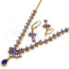Oro Laminado Necklace and Earring, Gold Filled Style Teardrop and Leaf Design, with Amethyst and White Cubic Zirconia, Polished, Golden Finish, 06.236.0003.1