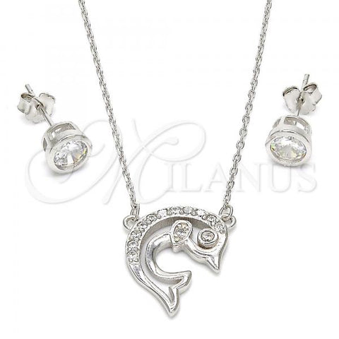 Sterling Silver Earring and Pendant Adult Set, Dolphin Design, with White Cubic Zirconia, Polished, Rhodium Finish, 10.186.0012
