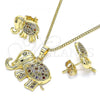 Oro Laminado Earring and Pendant Adult Set, Gold Filled Style Elephant Design, with Multicolor Micro Pave, Polished, Golden Finish, 10.284.0016