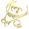 Oro Laminado Necklace, Bracelet, Earring and Ring, Gold Filled Style Dolphin Design, with Pink Crystal, Polished, Tricolor, 06.361.0021
