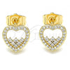 Oro Laminado Stud Earring, Gold Filled Style Heart Design, with White Micro Pave, Polished, Golden Finish, 02.156.0500