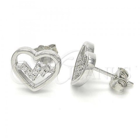 Sterling Silver Stud Earring, Heart Design, with White Cubic Zirconia, Polished, Rhodium Finish, 02.336.0037