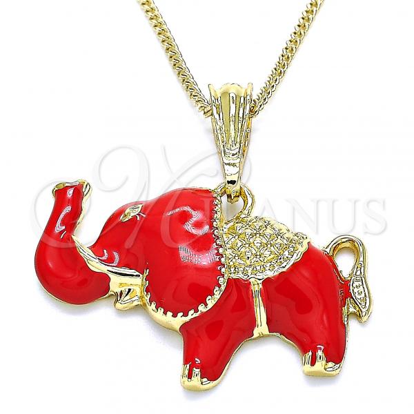 Oro Laminado Pendant Necklace, Gold Filled Style Elephant Design, Red Enamel Finish, Golden Finish, 04.380.0002.2.20