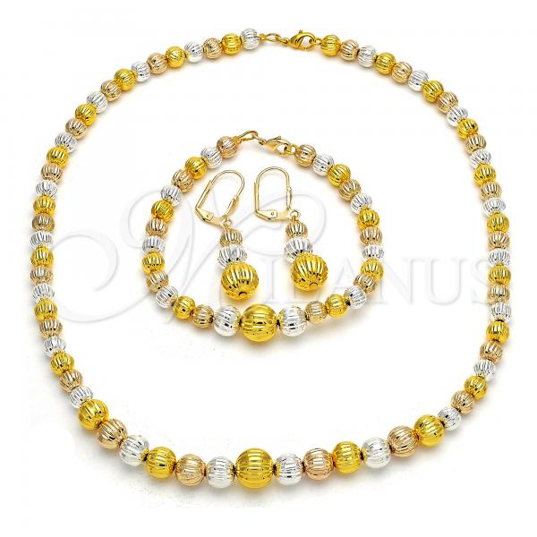 Oro Laminado Necklace, Bracelet and Earring, Gold Filled Style Diamond Cutting Finish, Tricolor, 06.170.0006