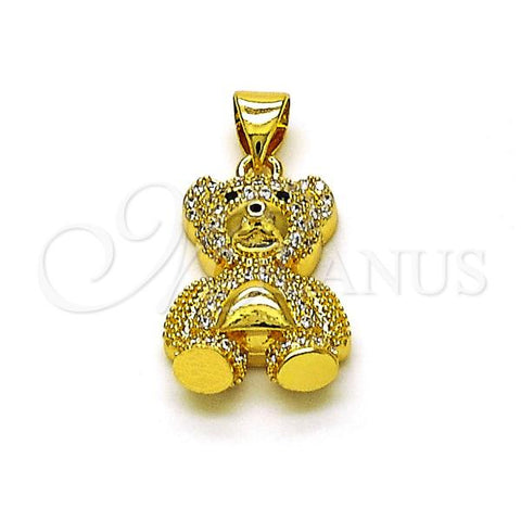 Oro Laminado Fancy Pendant, Gold Filled Style Teddy Bear Design, with White and Black Micro Pave, Polished, Golden Finish, 05.381.0025