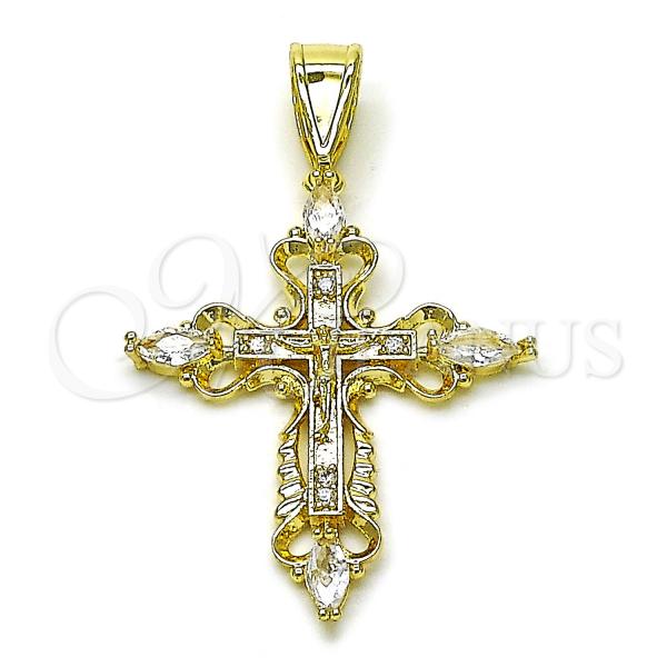 Oro Laminado Religious Pendant, Gold Filled Style Cross and Crucifix Design, with White Cubic Zirconia, Polished, Golden Finish, 05.253.0190