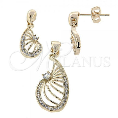 Oro Laminado Earring and Pendant Adult Set, Gold Filled Style with White Micro Pave and White Cubic Zirconia, Polished, Golden Finish, 10.166.0009