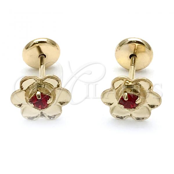 Oro Laminado Stud Earring, Gold Filled Style Flower Design, with Garnet Cubic Zirconia, Polished, Golden Finish, 02.09.0199