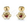 Oro Laminado Stud Earring, Gold Filled Style Flower Design, with Garnet Cubic Zirconia, Polished, Golden Finish, 02.09.0199