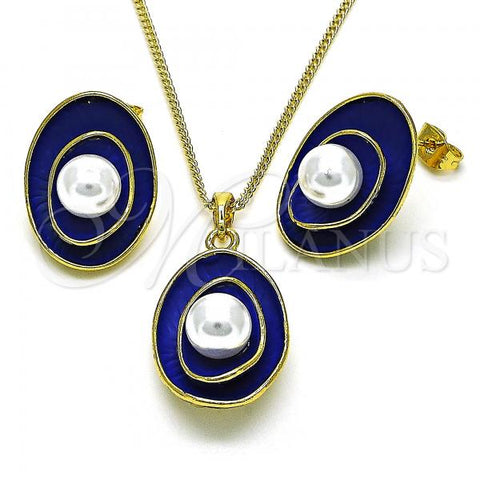 Oro Laminado Earring and Pendant Adult Set, Gold Filled Style Flower Design, with Ivory Pearl, Blue Enamel Finish, Golden Finish, 10.379.0054.1