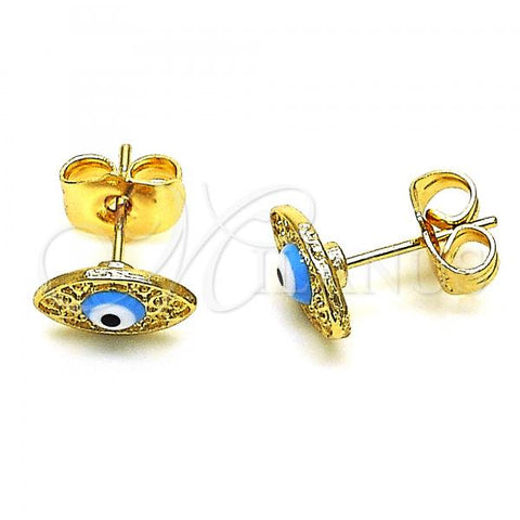 Oro Laminado Stud Earring, Gold Filled Style Evil Eye Design, Light Blue Enamel Finish, Golden Finish, 02.213.0398.1