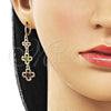 Oro Laminado Long Earring, Gold Filled Style Flower Design, with Multicolor Cubic Zirconia, Polished, Golden Finish, 02.323.0100