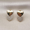 Oro Laminado Stud Earring, Gold Filled Style Heart Design, with White Micro Pave, Polished, Golden Finish, 02.204.0051