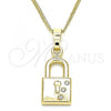 Oro Laminado Pendant Necklace, Gold Filled Style Lock Design, with White Crystal, Polished, Golden Finish, 04.213.0211.20