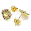 Oro Laminado Stud Earring, Gold Filled Style with Ruby and White Micro Pave, Polished, Golden Finish, 02.233.0025.2