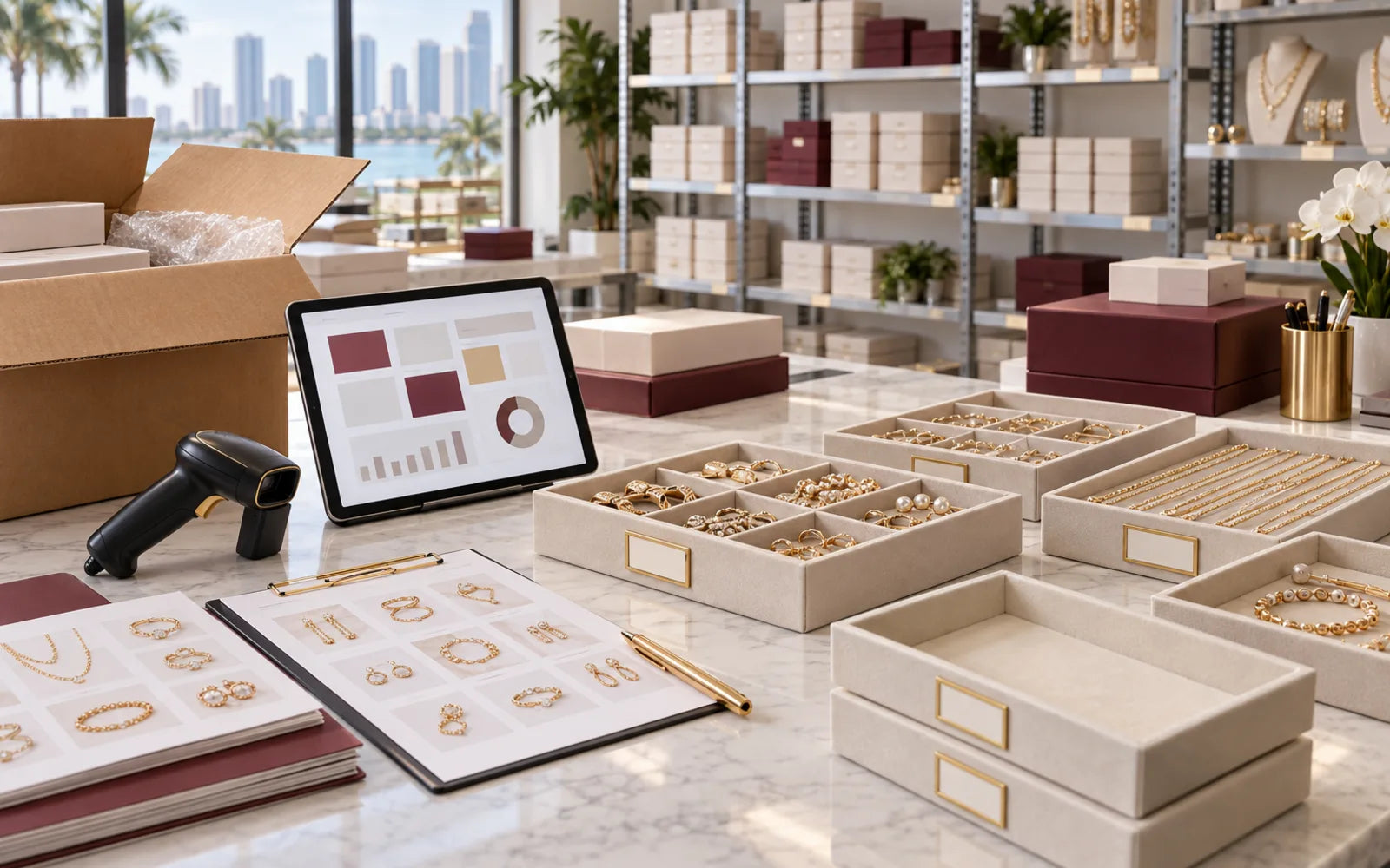 Organized wholesale jewelry inventory management and restocking workspace with scanner and product catalogs