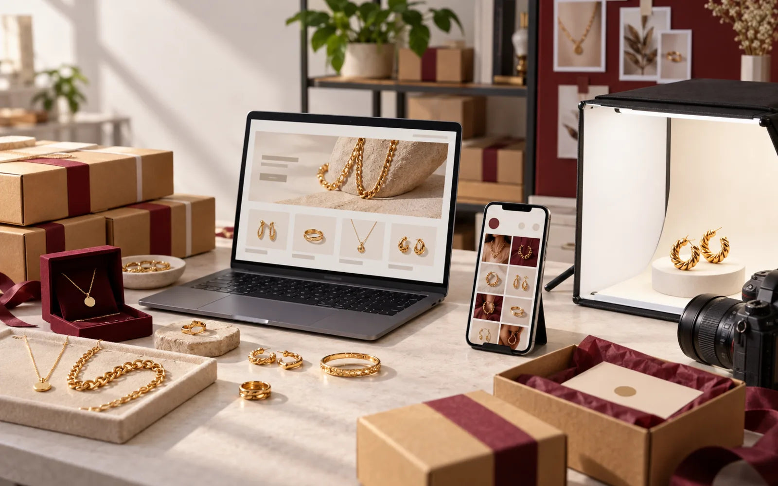 Online jewelry business workspace with professional product photography, ecommerce store and wholesale inventory