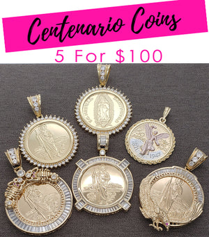 Gold Filled Pendant — 5 Centenario Coin Pendants $20.00 ea Assorted Mixed — main product view — SKU 132107 | Oro Laminado dije — 5 Centenario Coin Pendants $20.00 ea Assorted Mixed — SKU 132107