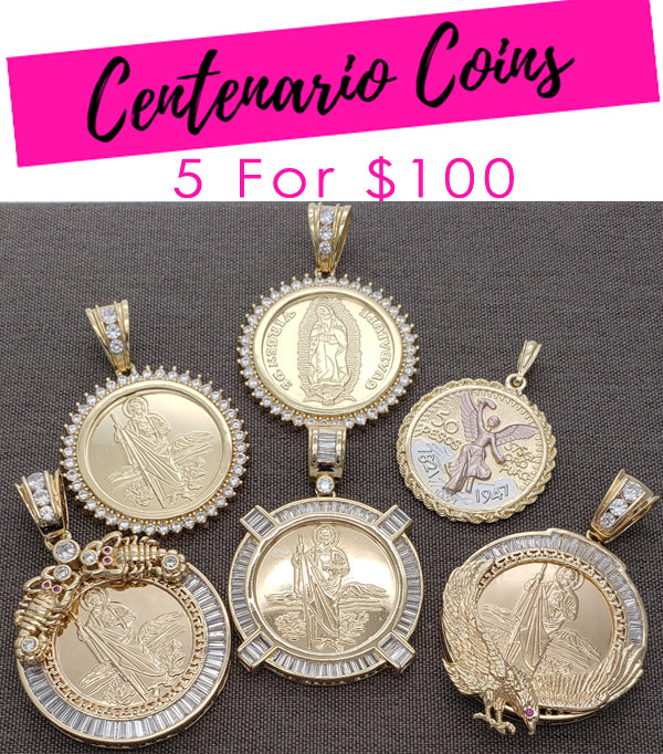 Gold Filled Pendant — 5 Centenario Coin Pendants $20.00 ea Assorted Mixed — main product view — SKU 132107 | Oro Laminado dije — 5 Centenario Coin Pendants $20.00 ea Assorted Mixed — SKU 132107