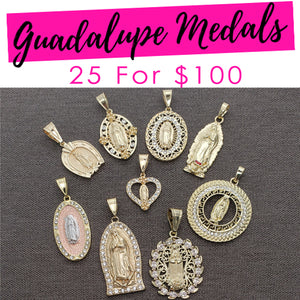Gold Filled Jewelry — 25 Guadalupe Medals $4.00 ea Assorted Mixed Styles — main product view — SKU 132109 | Oro Laminado joyería — 25 Guadalupe Medals $4.00 ea Assorted Mixed Styles — SKU 132109