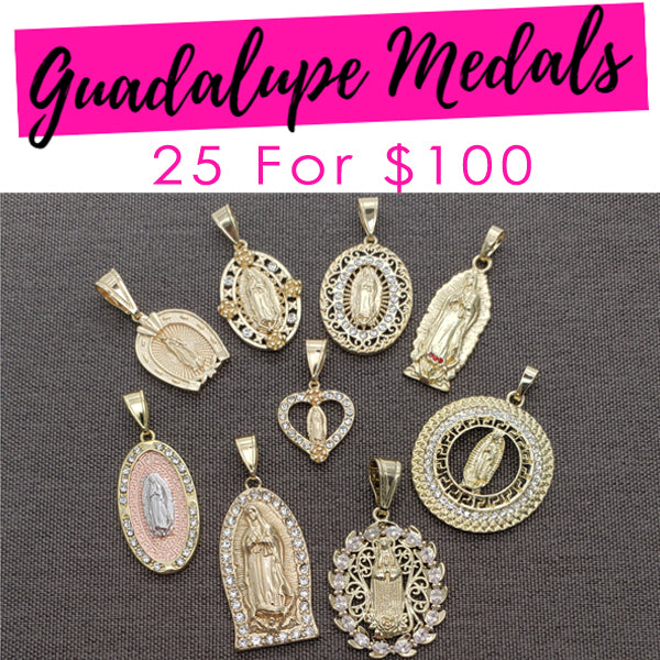 25 Guadalupe Medals ($4.00 ea) Assorted Mixed Styles and Mix Sizes Gold Layered