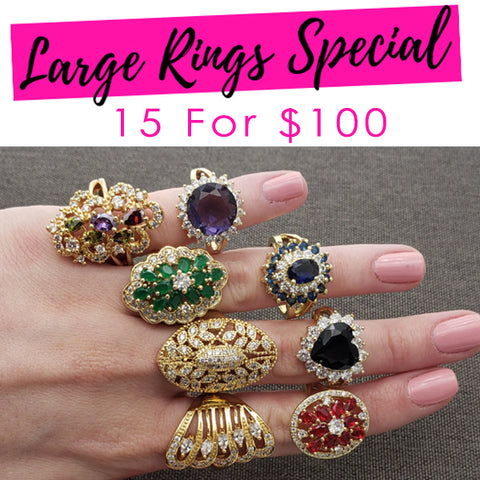 15 Large CZ Rings ($6.60 ea) Assorted Mixed Styles and Mix Sizes Gold Layered