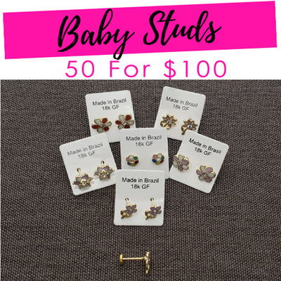 Gold Filled Jewelry — 50 Baby Studs $2.00ea Assorted Mixed Styles — main product view — SKU 132112 | Oro Laminado joyería — 50 Baby Studs $2.00ea Assorted Mixed Styles — SKU 132112