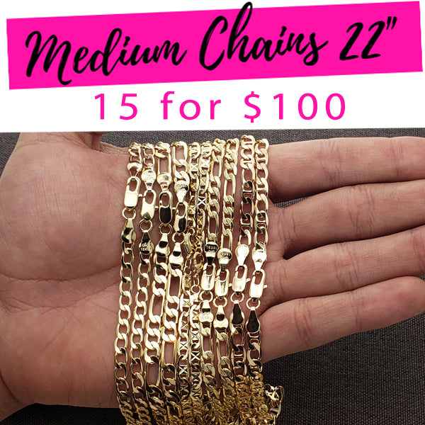 Gold Filled Chain — 15pcs Medium Chains in 22" $6.67 ea Assorted — main product view — SKU 132117 | Oro Laminado cadena — 15pcs Medium Chains in 22" $6.67 ea Assorted — SKU 132117