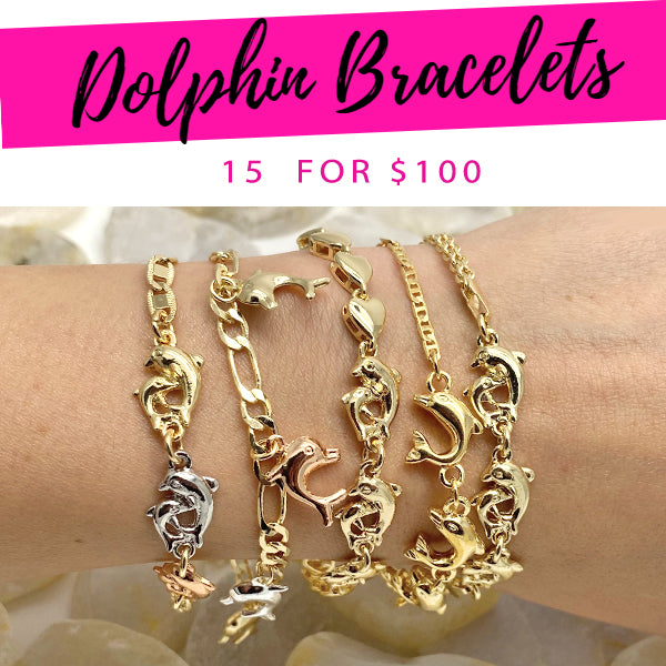 Gold Filled Bracelet — 15 Dolphin Bracelets $6.67 each for $ — main product view — SKU 132178 | Oro Laminado brazalete — 15 Dolphin Bracelets $6.67 each for $ — SKU 132178