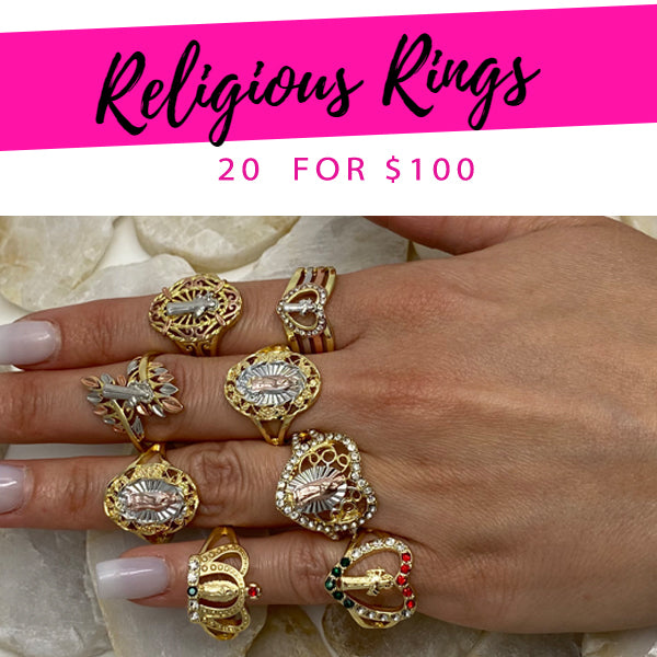 20 anillos religiosos ($5.00 cada uno) por $100 en capas de oro