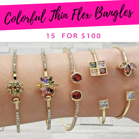 15 Colorful Thin Flex Bangles ($6.67 each) for $100 Gold Layered