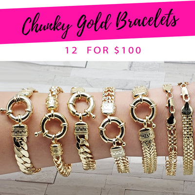 12-piece chunky gold-layered bracelet kit, SKU 132289 | Kit de 12 pulseras gruesas de oro laminado, SKU 132289