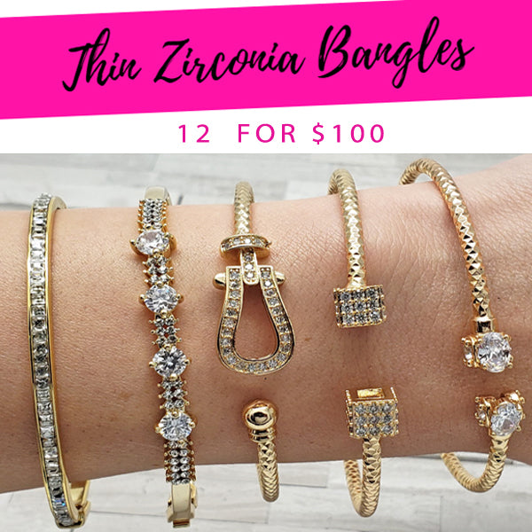 12 Thin Zirconia Bangles ($8.33 each) for $100 Gold Layered