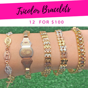 Gold Filled Bracelet — 12 Tricolor Bracelets $8.33 each for $ — main product view — SKU 132299 | Oro Laminado brazalete — 12 Tricolor Bracelets $8.33 each for $ — SKU 132299