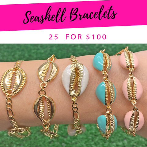 25 brazaletes de conchas marinas ($4.00 cada uno) por $100 en capas de oro