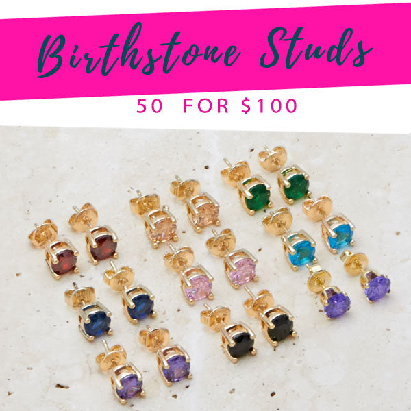 Gold Filled Jewelry — 50 Birthstone Studs $2.00 ea for $ — main product view — SKU 132995 | Oro Laminado joyería — 50 Birthstone Studs $2.00 ea for $ — SKU 132995