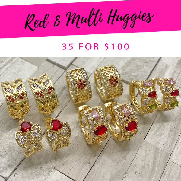 Gold Filled Jewelry — 35 Red & Multi Huggies $2.86 each for — main product view — SKU 139372 | Oro Laminado joyería — 35 Red & Multi Huggies $2.86 each for — SKU 139372