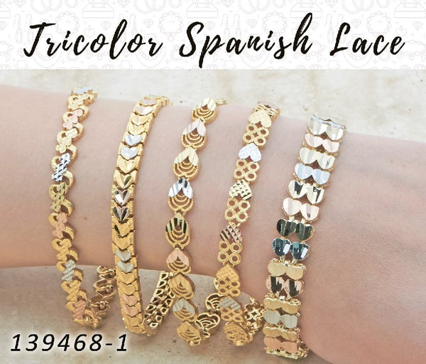 Gold Filled Bracelet — 12 Tricolor Spanish Lace Bracelets in $8.33 ea — alternate product view — SKU 139468 | Oro Laminado brazalete — 12 Tricolor Spanish Lace Bracelets in $8.33 ea — SKU 139468