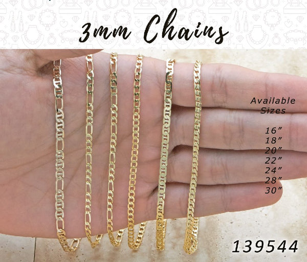 Gold Filled Chain — 3mm Assorted Chains — main product view — SKU 139544.24 | Oro Laminado cadena — 3mm Assorted Chains — SKU 139544.24
