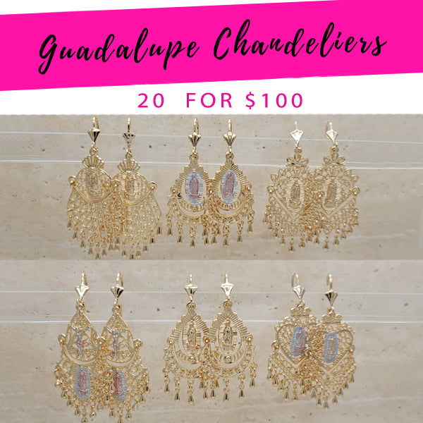 20 aretes de candelabro de Guadalupe ($5.00 cada uno) por $100 en capas de oro