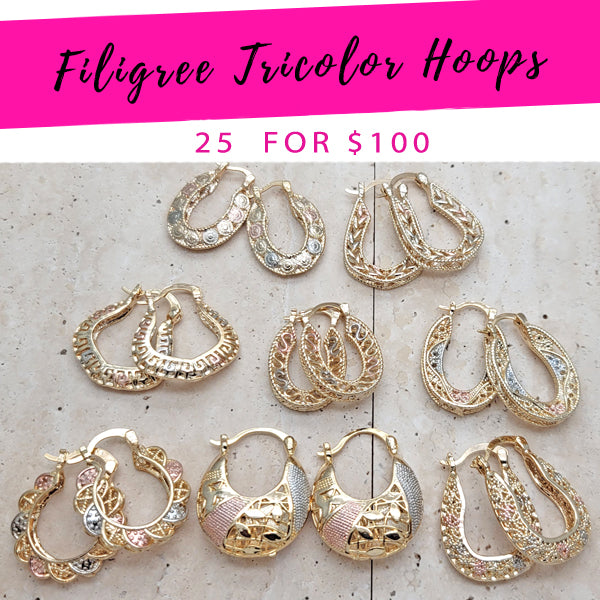 Gold Filled Hoop Earrings — 25 Filigree Tricolor Hoops $4.00 each for $ — main product view — SKU 139602 | Oro Laminado aretes de aro — 25 Filigree Tricolor Hoops $4.00 each for $ — SKU 139602
