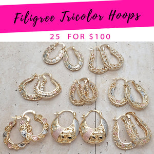 Gold Filled Hoop Earrings — 25 Filigree Tricolor Hoops $4.00 each for $ — main product view — SKU 139602 | Oro Laminado aretes de aro — 25 Filigree Tricolor Hoops $4.00 each for $ — SKU 139602