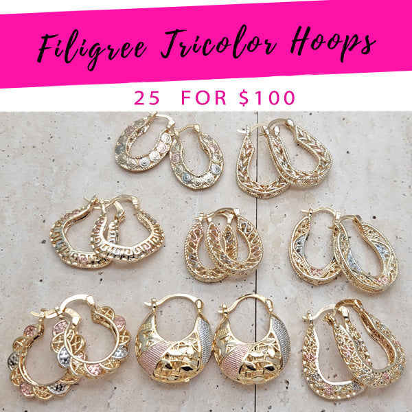 25 Filigree Tricolor Hoops ($4.00 each) for $100 Gold Layered