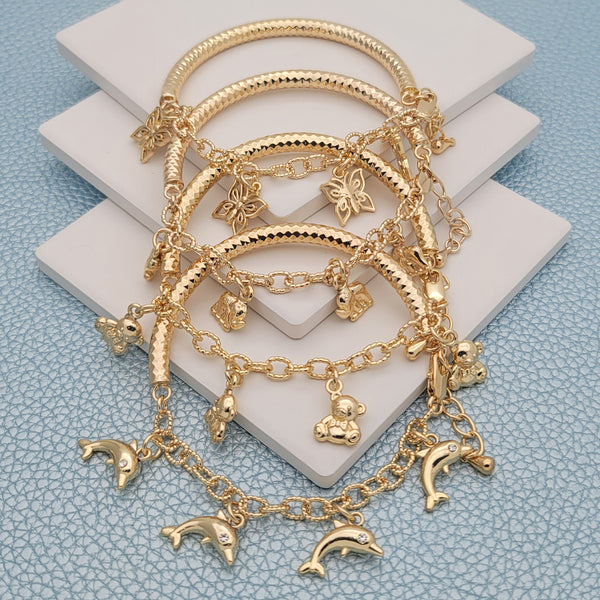 Gold Filled Jewelry — 15pcs of Assorted Charm Bangles in $6.67 ea — main product view — SKU 148658 | Oro Laminado joyería — 15pcs of Assorted Charm Bangles in $6.67 ea — SKU 148658