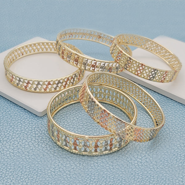 Gold Filled Jewelry — 15pcs Assorted Tricolor Thick Mesh Bangles in $6.67 — main product view — SKU 148674 | Oro Laminado joyería — 15pcs Assorted Tricolor Thick Mesh Bangles in $6.67 — SKU 148674