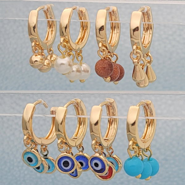Gold Filled Jewelry — 25prs of Assorted Triple Charm Huggies in $4.00 — main product view — SKU 148681 | Oro Laminado joyería — 25prs of Assorted Triple Charm Huggies in $4.00 — SKU 148681